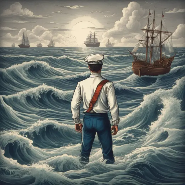 Sailor aboard a ship sailing through stormy waters with value stocks, bonds, real estate, and commodities as anchors.
