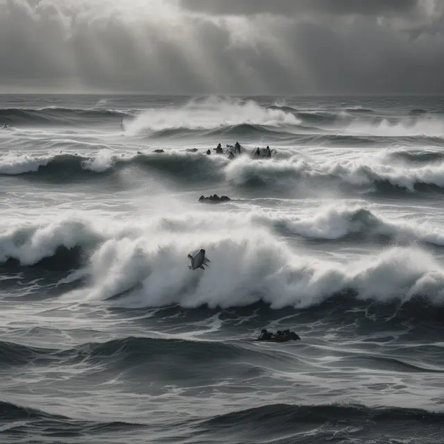 A pandemic storm surge engulfs swimmers representing U-3 and U-6 employment rates, symbolizing labor market disruptions in 2020