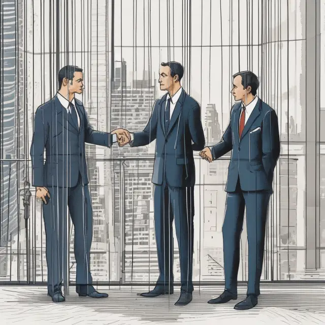 An investment banker artfully creating deals at the intersection of mergers and acquisitions, represented by a loom.
