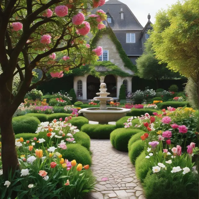 A flourishing garden with various savings accounts as flowers, watered by personal loans and sheltered by mortgage trees