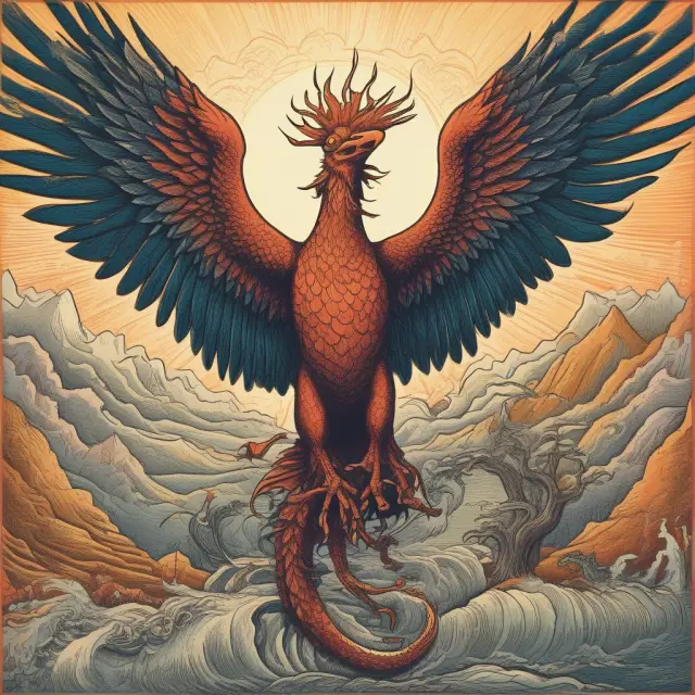 A Phoenix engulfing a Dragon (Credit Suisse) in a merger, birthing a stronger UBS, representing financial growth and consolidation