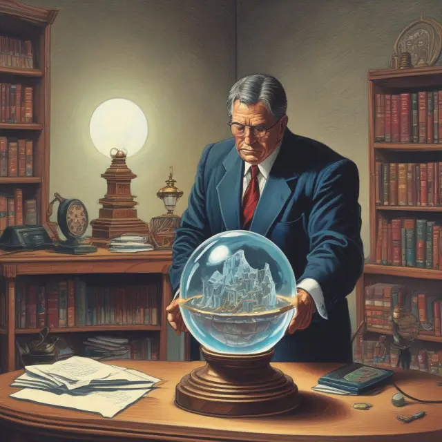 An IRS guardian holding a crystal ball, determining unrelated business taxable income (UBTI) for tax-exempt organizations.