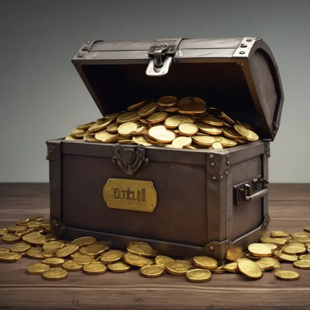 An armored chest dispensing gold coins, each with late penalty fees attached, representing potential consequences for failure to file or pay unrelated business income tax