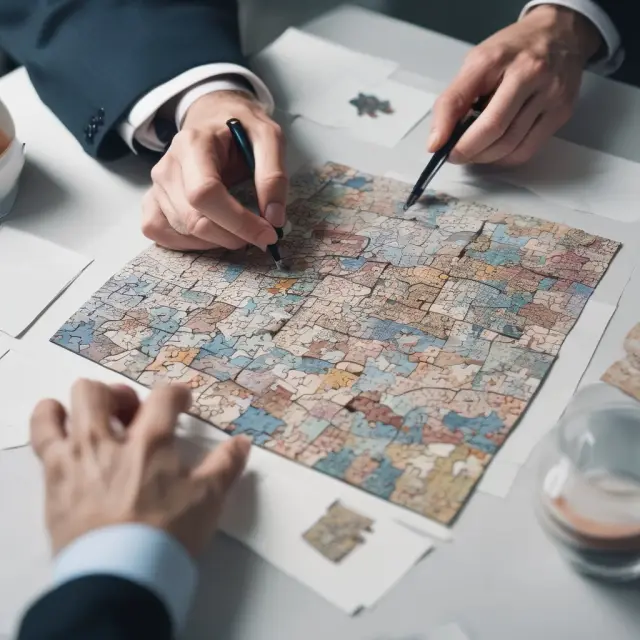A tax professional carefully putting together a jigsaw puzzle symbolizing UBTI and its complex challenges in a tax office setting