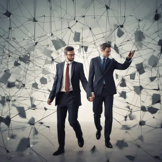 Businessman examining interconnected UCC-1 statements, emphasizing credit implications and loan negotiations