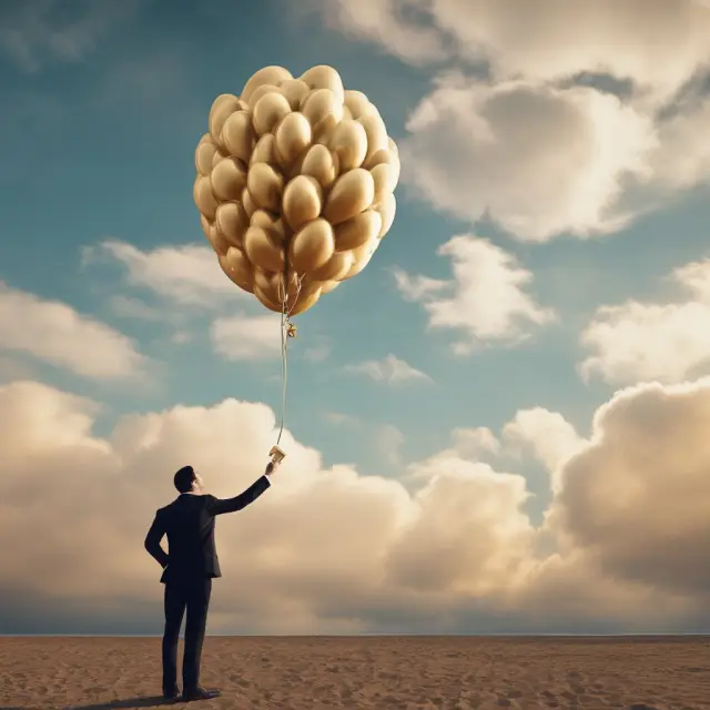 Golden UCC filing balloon rising above an expiring clock, with debtor and creditor standing beside