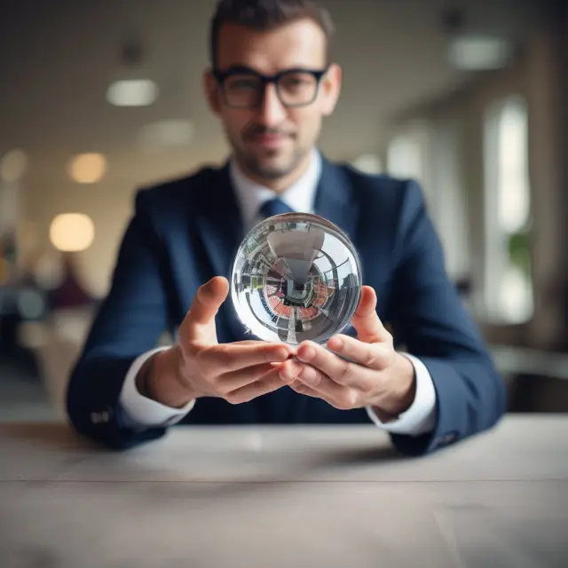 A professional investor holding a crystal ball brimming with various UCITS funds representing European investment opportunities.