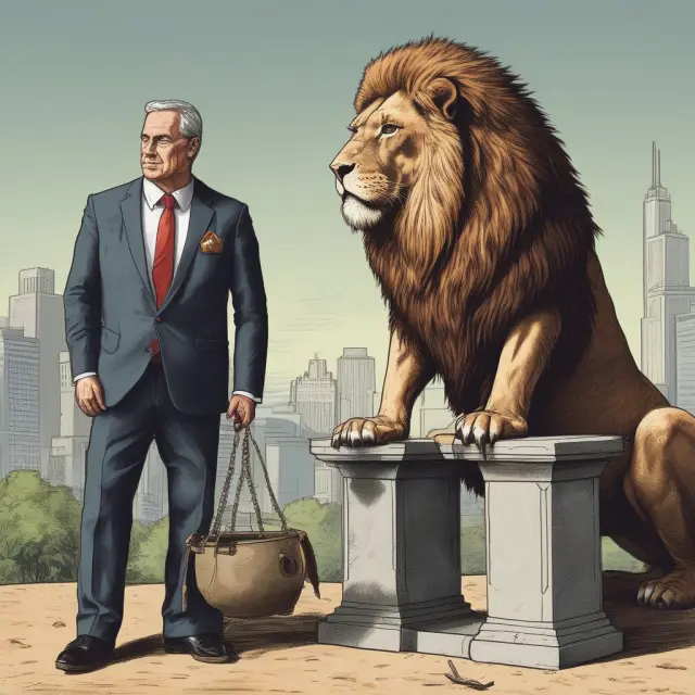 An investor evaluating the pros and cons of UCITS funds versus hedge funds, represented by a lion and an eagle respectively.