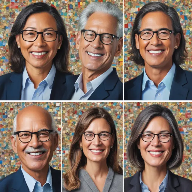 Five vibrant mosaic portraits showcasing renowned UCLA Anderson professors: Jeffery Baxter, Robert A. Steiner, Richard Taffler, Lawrence H. Summers, and Ravi Shankar.