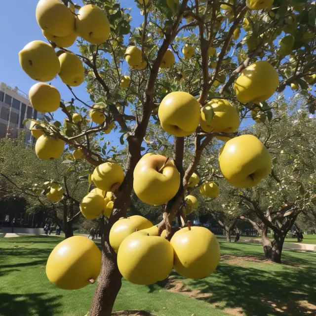A golden apple tree bearing fruit in front of a UCLA Anderson sign, symbolizing successful alumni and the school