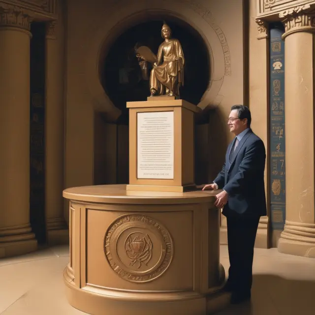Oracle atop golden pedestal with UCLA Anderson logo and scrolls for FAQ answers