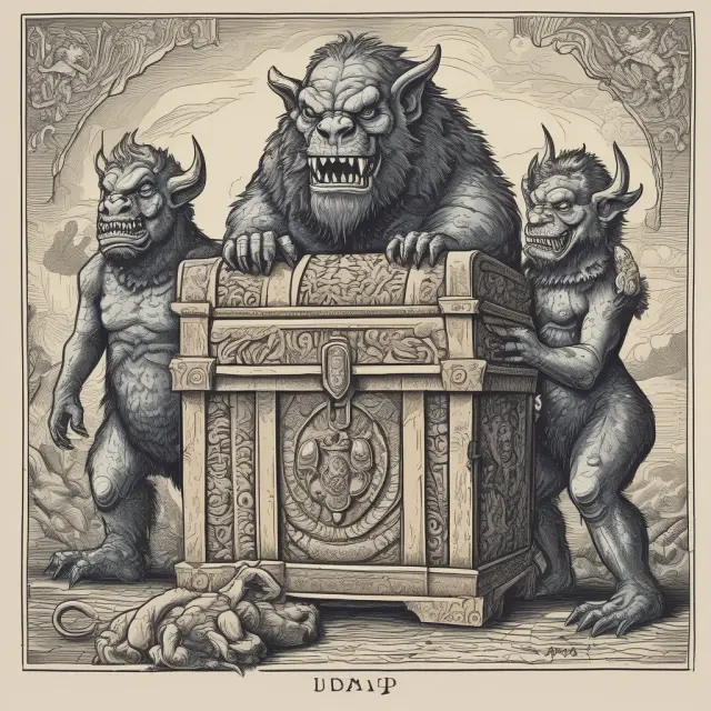 A three-headed monster guarding a treasure chest labeled 