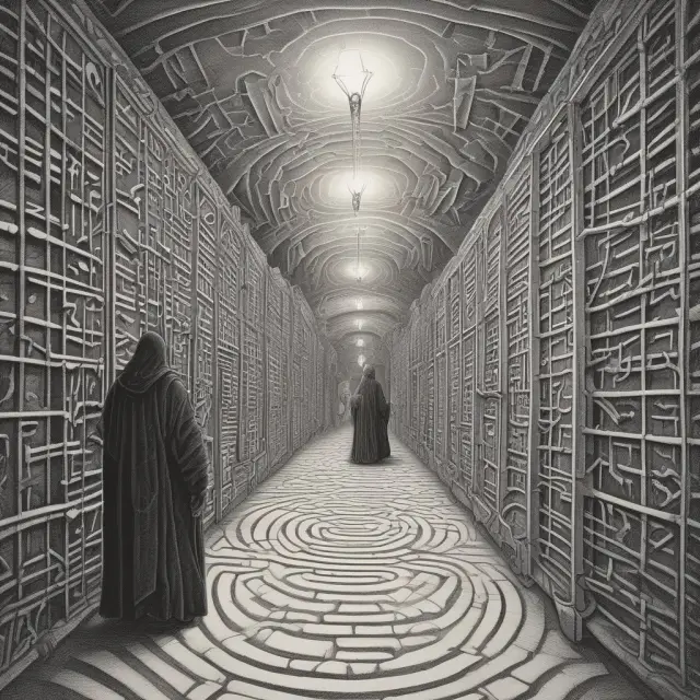 An oracle-like portfolio manager leading investors through a maze, symbolizing the role of guidance in Unit Investment Trusts.
