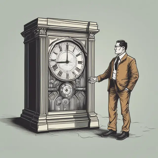 An investor in a time machine examines historical UIT performance, observing growth and fluctuations across income, sector-specific, and diversified portfolios