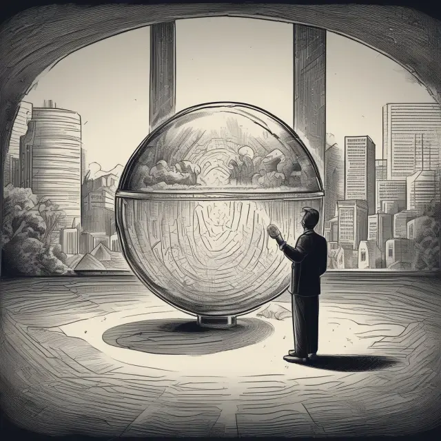 Shareholder inspecting ULC docs in crystal ball, with debts lurking as shadows