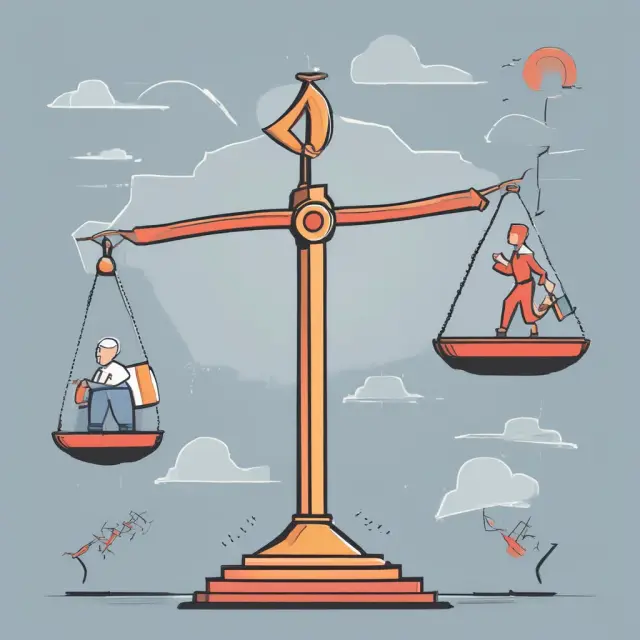 Investor balancing a scale, with downward arrows as losses and upward arrows as gains, representing Ulcer Index calculations.