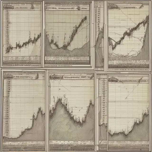 An Ulcer Index morphing through stock market graphs, yield spread charts, and exchange rate curves to illustrate its versatility in stocks, bonds, and currencies.