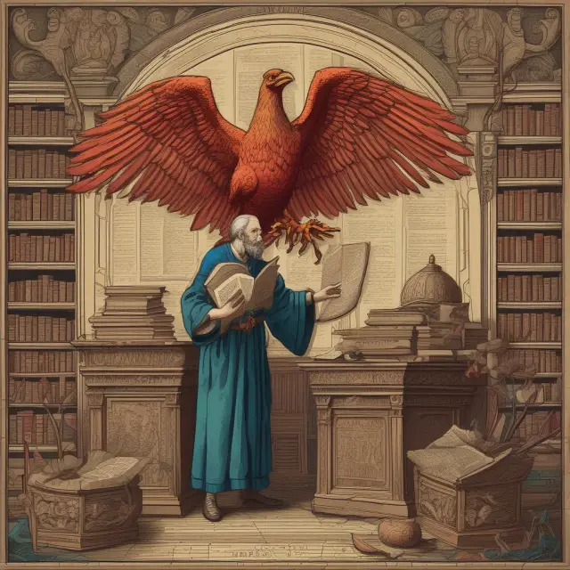 An ancient librarian examines scrolls containing mortality data, with a phoenix hovering overhead, symbolizing life