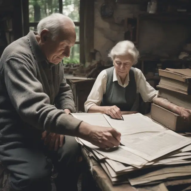 Two elders, metaphorically representing statistical analysis and wisdom, delve into piles of data to build an accurate ultimate mortality table