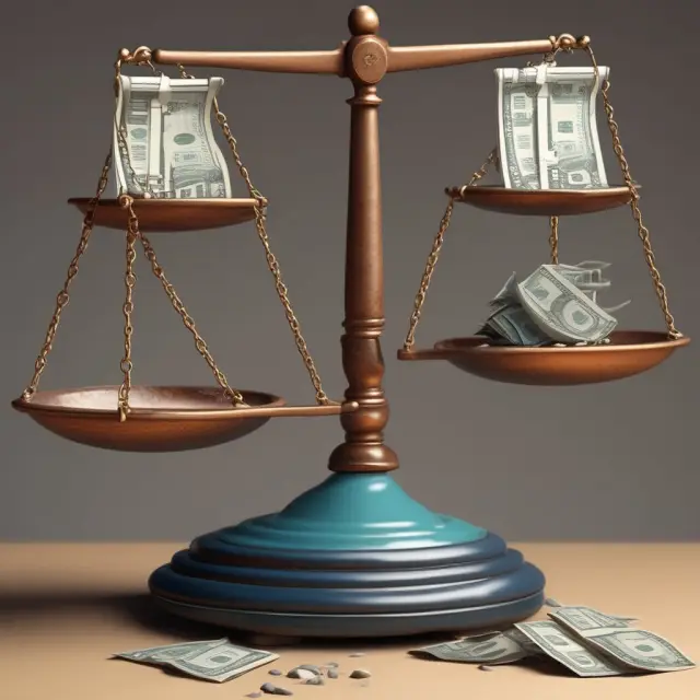 A balance scale with three pans: one labeled 