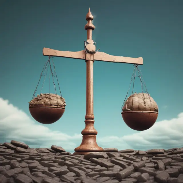 A giant scale with one pan representing insurance company profits and the other, ultimate net loss. Both sides strive for equilibrium.