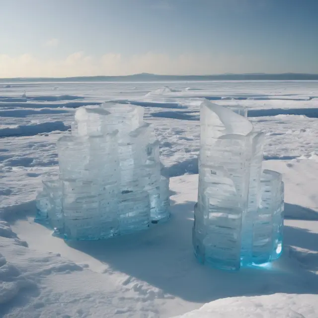 An oracle with advanced technology tools scrutinizes intricate ice sculptures that represent climate change trends and their impact on ultimate net losses