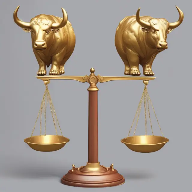A golden scale balances the bull and bear indicators of the Ultimate Oscillator, symbolizing real-life applications in finance.