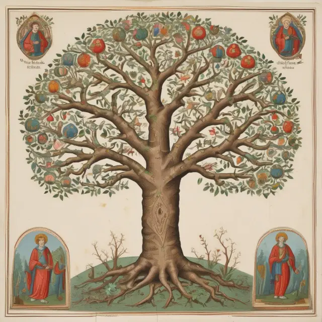 An old family tree with a large peasant family. The youngest son at the bottom blooms with new growth, representing the tradition of ultimogeniture