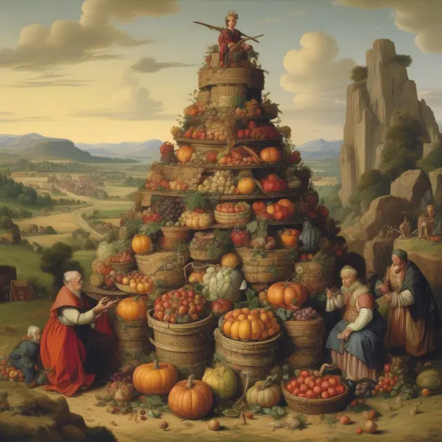 Youngest peasant atop a bountiful harvest stack, representing ultimogeniture inheritance in medieval Europe