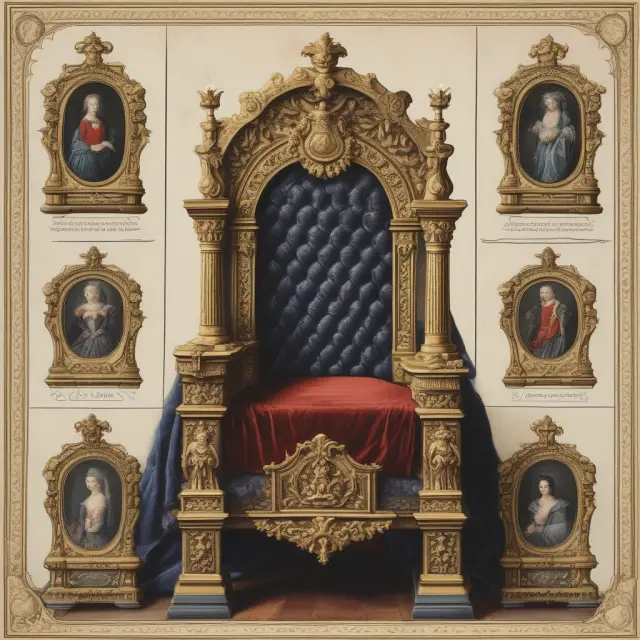 An aristocrat sitting on a throne with numerous children representing ultimogeniture, contrasted by an eldest son taking the crown in primogeniture