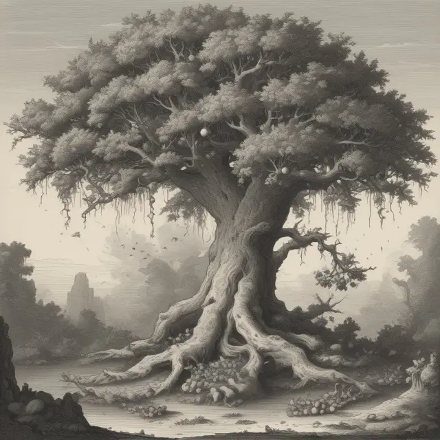 An old tree sheds elder and younger fruits, signifying the fading tradition of ultimogeniture in inheritance systems.