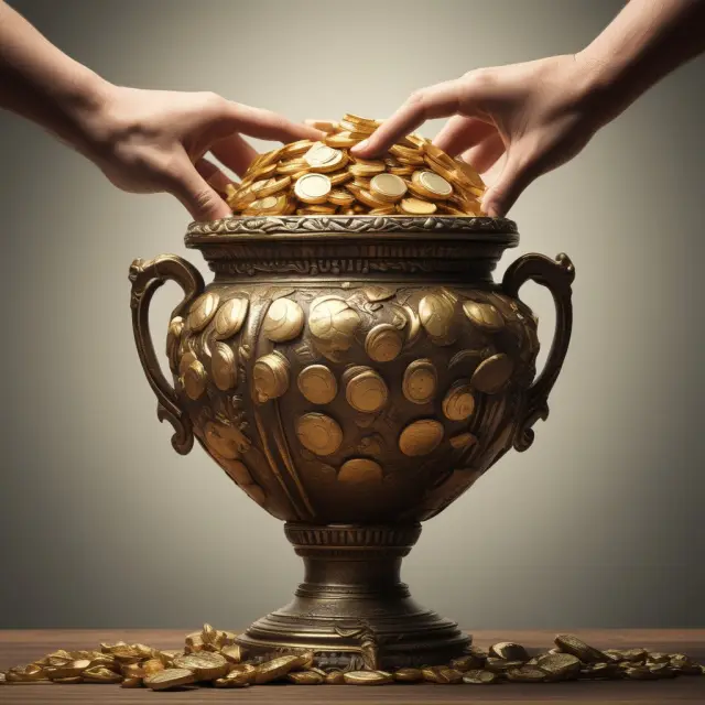 Golden coins from an ancient vase pouring into a trustee