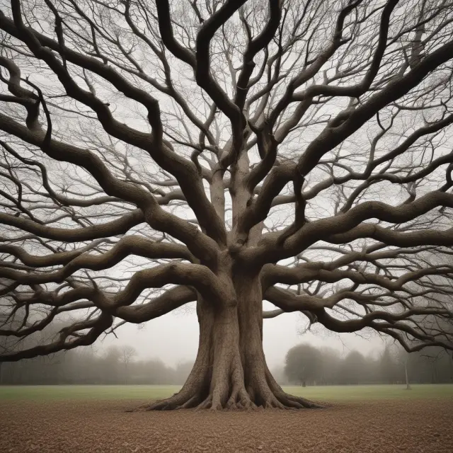 An aging tree with branches symbolizing age distribution, gender as leaves (male dominant), and roots reaching out to various countries
