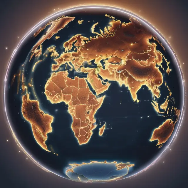 Globe with city lights on New York, London, Hong Kong, San Francisco, and US, China