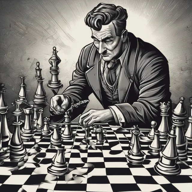 Rogue manager manipulating company assets, symbolized as chess pieces, outside the bounds of their legal authority