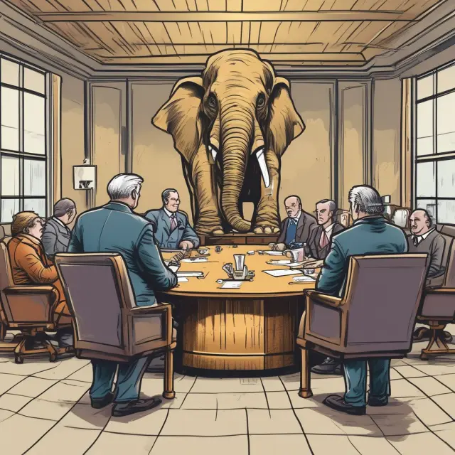 Golden shields symbolizing shareholders confronting a rogue elephant executive in a boardroom for ultra vires acts and breach of fiduciary duty