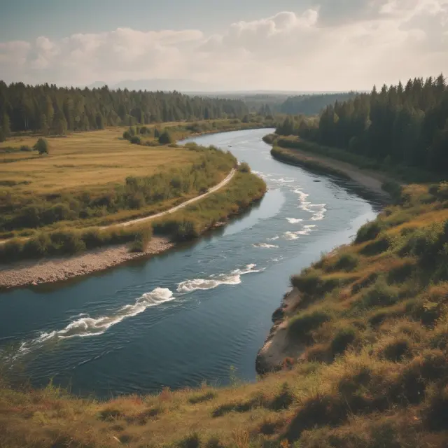 A winding river symbolizing the Memorandum of Association, separating legal actions within (ultra vires) and beyond (infravires) the company