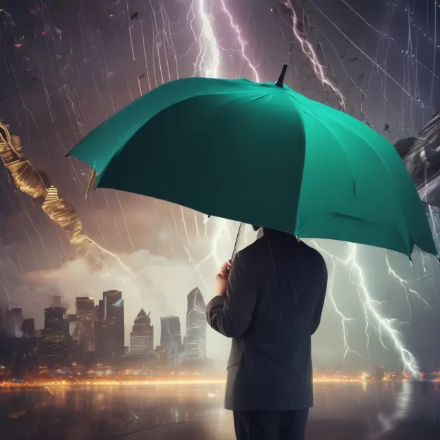 Umbrella insurance shielding a person with wealth symbols from an oncoming storm of legal threats