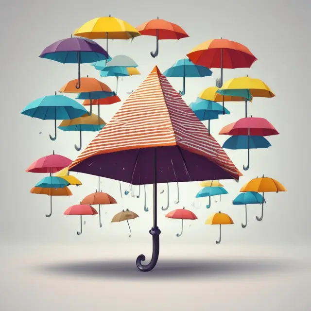 Umbrellas forming a pyramid base shielding primary insurance policies to represent umbrella insurance protection