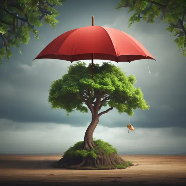Umbrella shielding a fortune tree: Umbrella insurance acts as a protective layer for assets and provides peace of mind