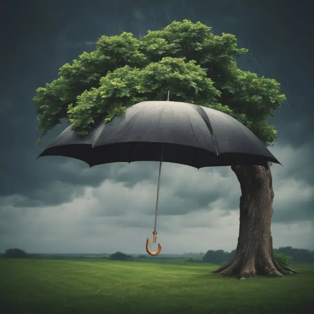 An umbrella shields a tree during a storm, illustrating how umbrella insurance safeguards your assets from potential financial liabilities.
