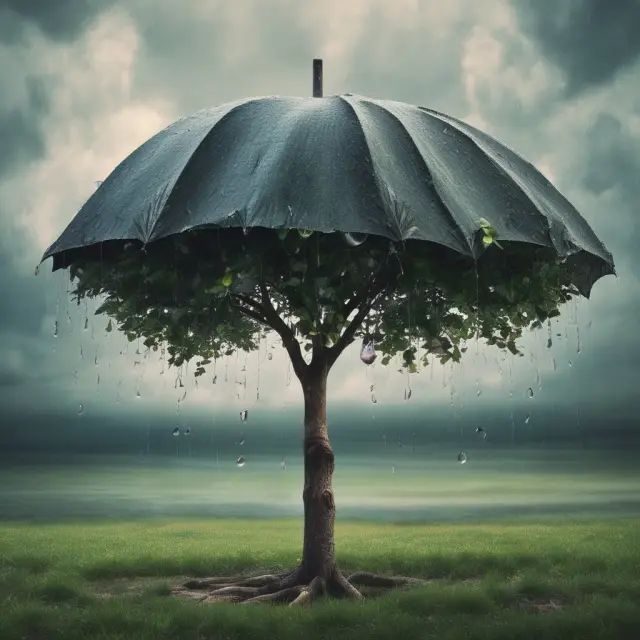 An umbrella shields a tree from heavy raindrops, emphasizing the importance of minimum auto and homeowners insurance coverage as a prerequisite for acquiring an umbrella personal liability policy.