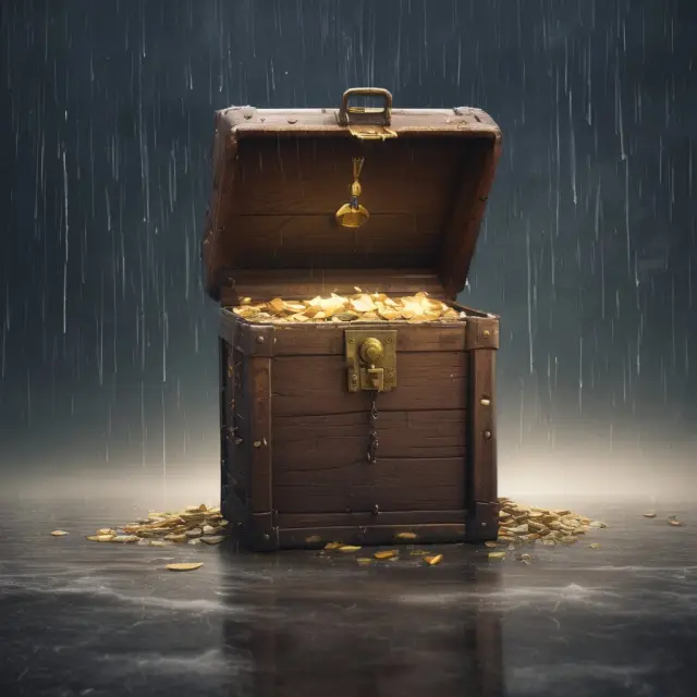 A giant shield guarding a treasure chest against the pouring rain of lawsuits, representing the role of an umbrella policy as excess liability insurance