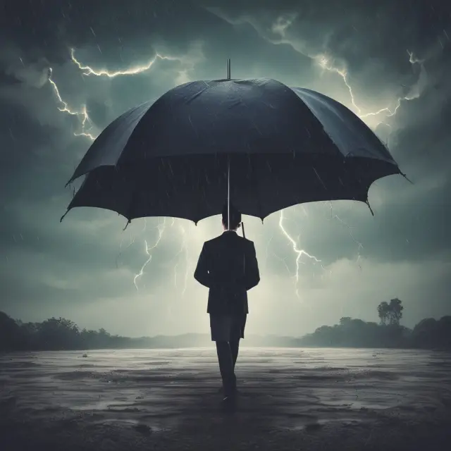 An image of a wealthy person holding an oversized umbrella, symbolizing financial protection against potential lawsuits and damages.