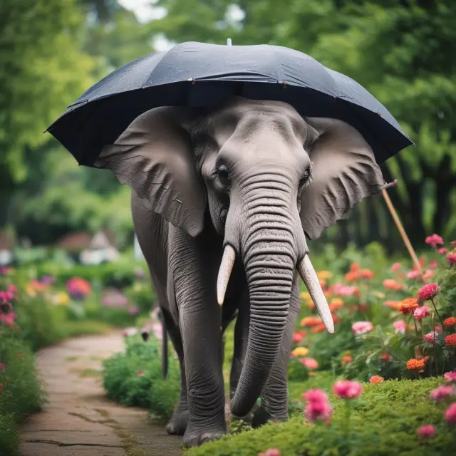 An ugly elephant, symbolizing unexpected exclusions, roams amongst the vibrant flowers of an otherwise beautiful insurance coverage garden