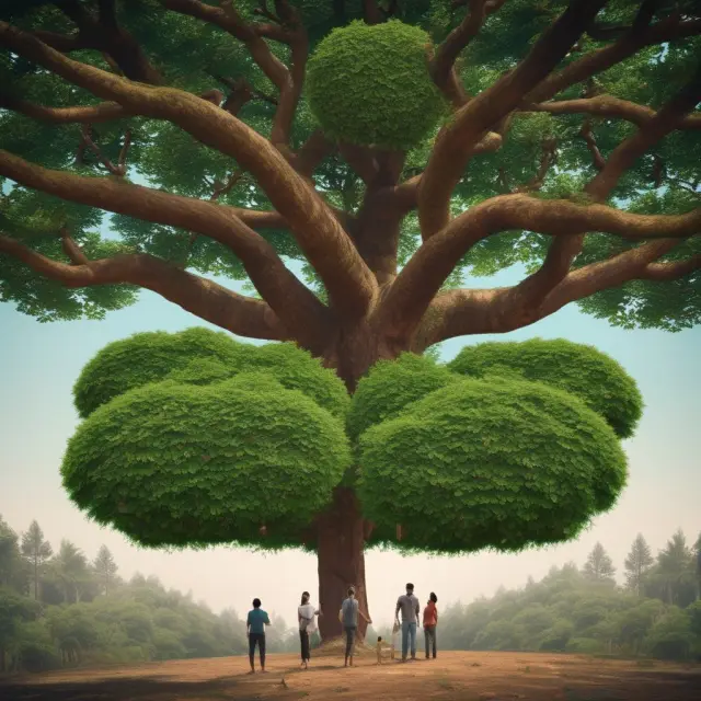 Family members gather around a tax-efficient tree, adorned with investment branches and tax loss harvesting leaves.