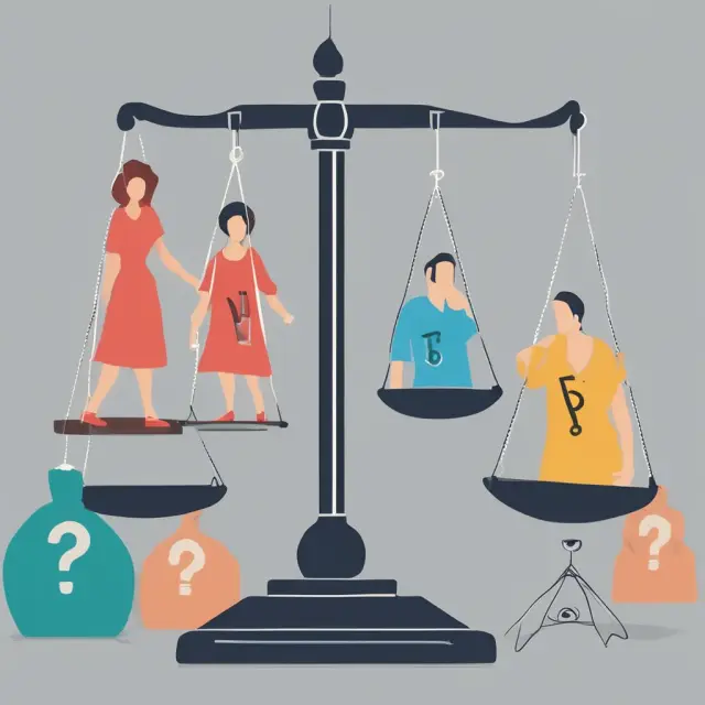 A family carefully considering various investment account factors on a balance scale, illustrating the process of deciding whether to consolidate into a Unified Managed Household Account (UMHA)