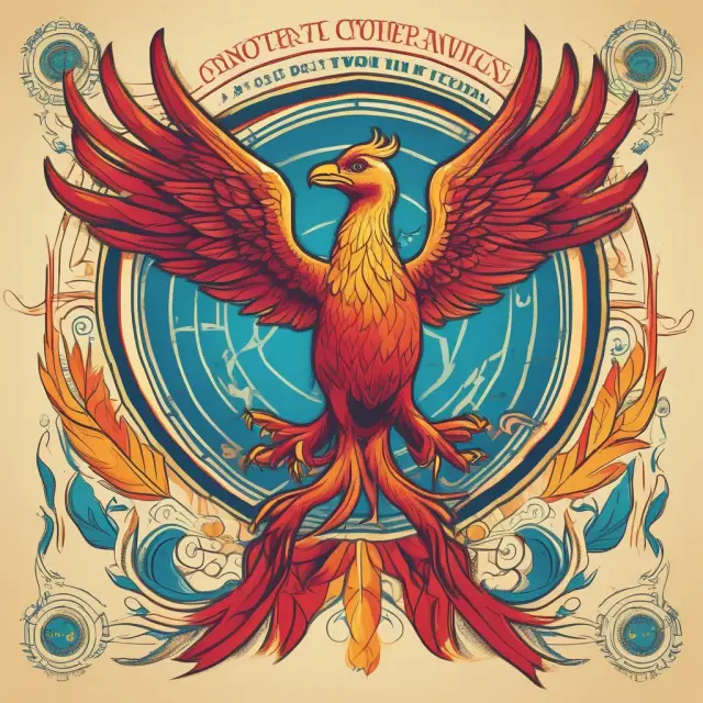 A fiery phoenix rising from a corporate charter, representing businesses