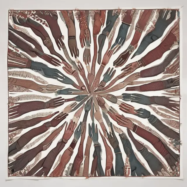 Ten hands weaving a tapestry adorned with the UN Global Compact