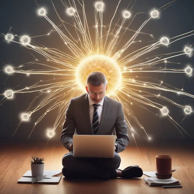 Business executive digitally signing commitment to UNGC principles among radiating sunbursts